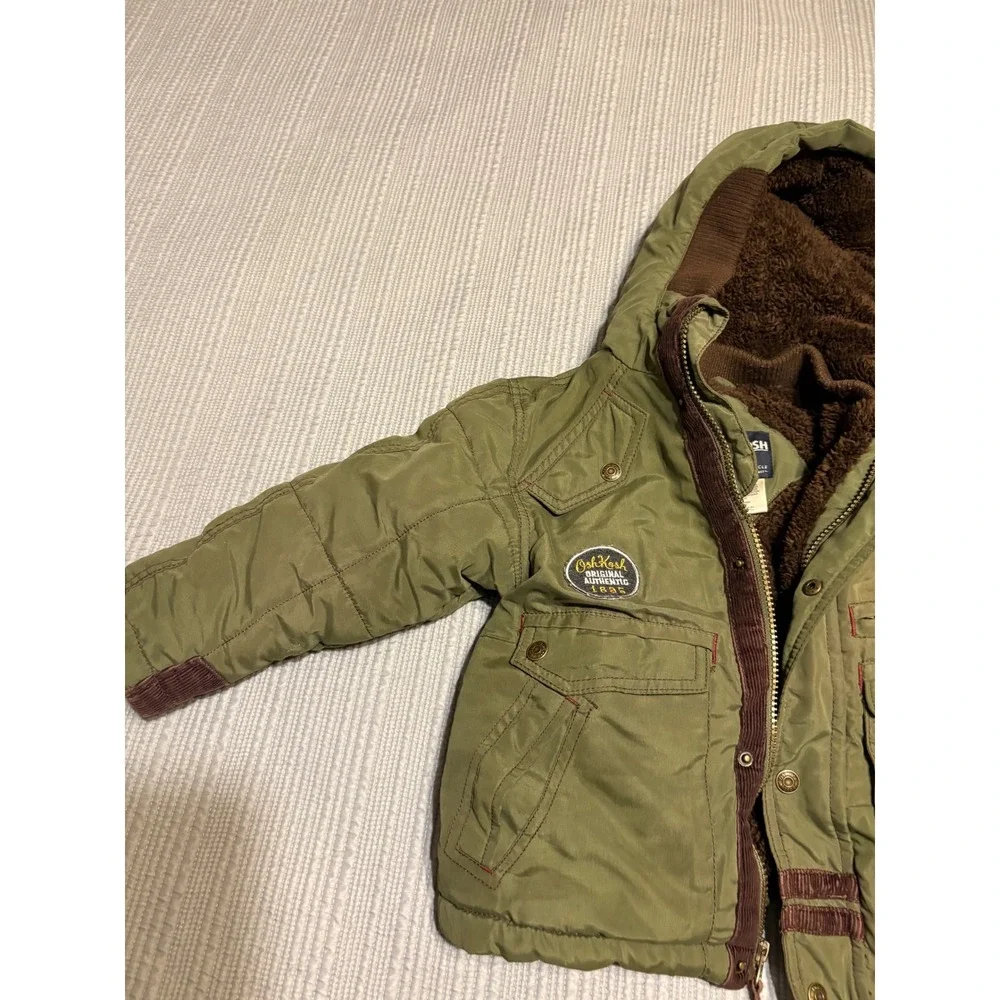 OshKosh Bgosh Boys Olive Green Faux Fur Lined Puffer Jacket Coat Size 5